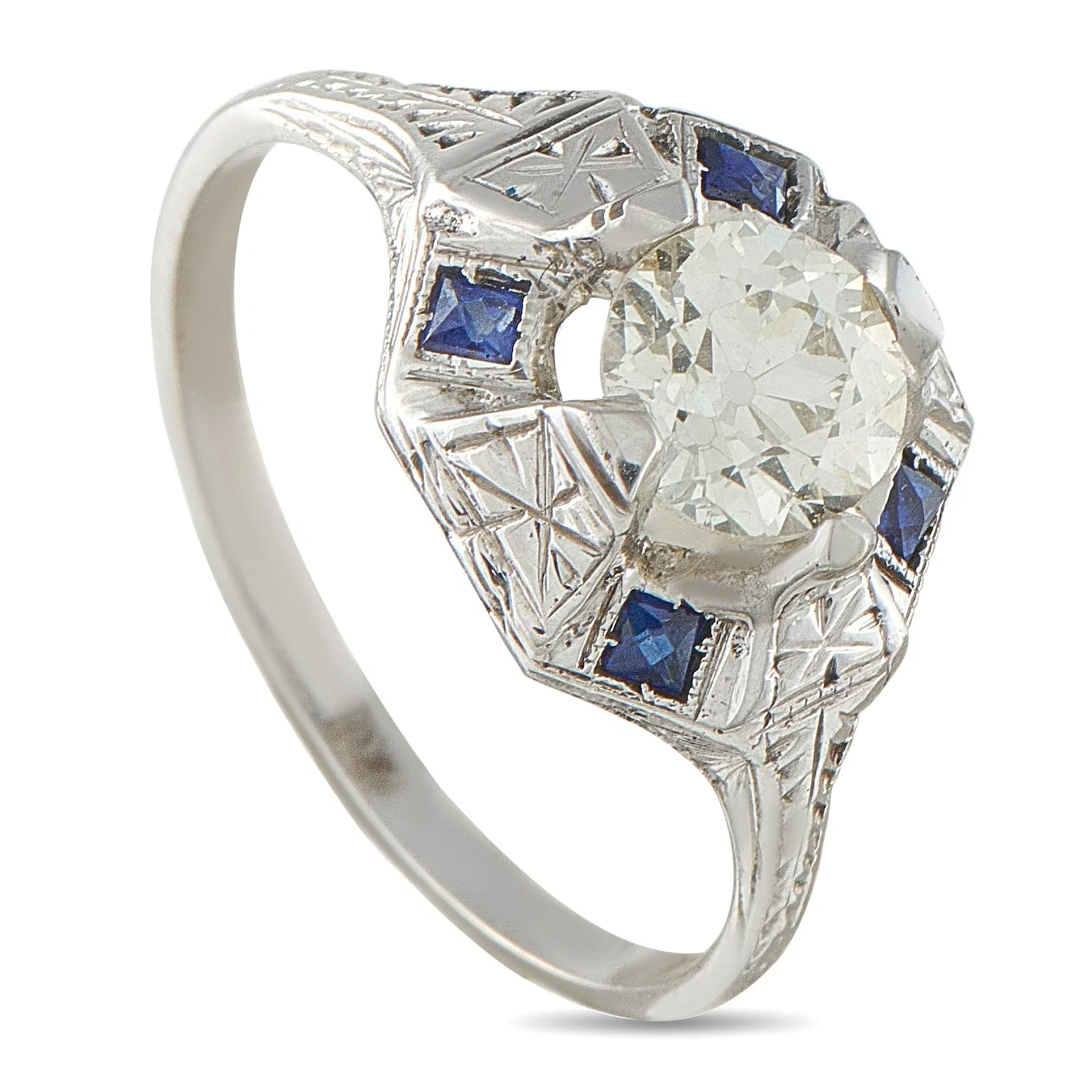 1.00ct Diamond, 18K and Blue Sapphire Vintage Ring