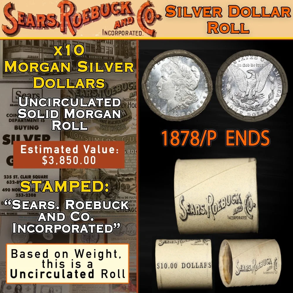 10 Coin SEARS Unc Morgan Dollar Roll 1878/'P' Rev Ends