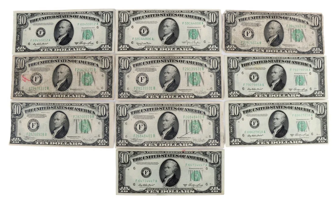10 SERIES OF 1934 AND 1950 TEN DOLLAR US NOTES