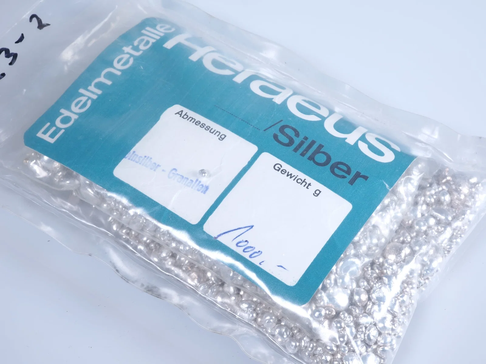 1000g Heraeus industrial fine silver granules, packaged / heat-sealed