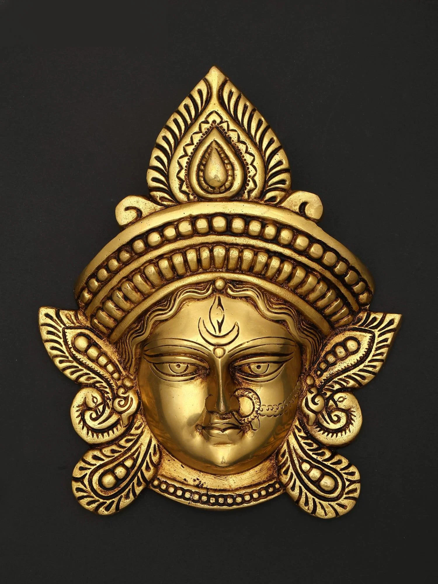 11" Maa Durga Face Mask Wall Hanging Brass Sculpture