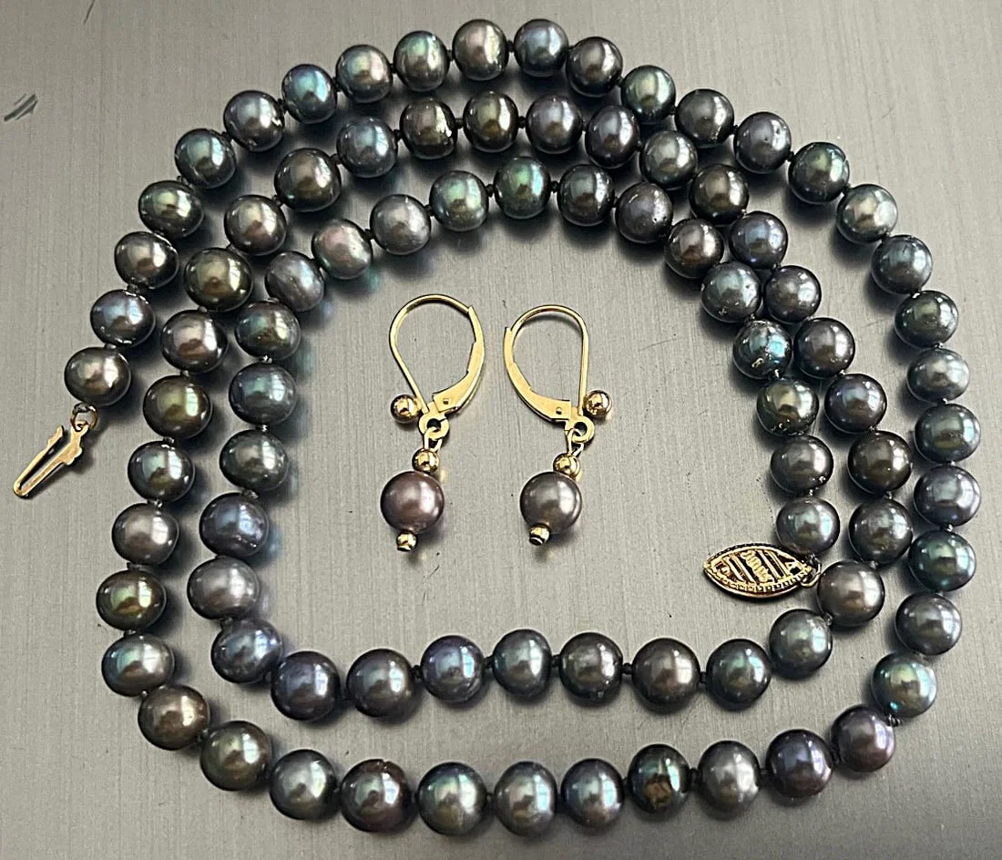 14K Gold Black Tahitian Pearl Necklace & Matching Drop Earrings Set – 25" Strand