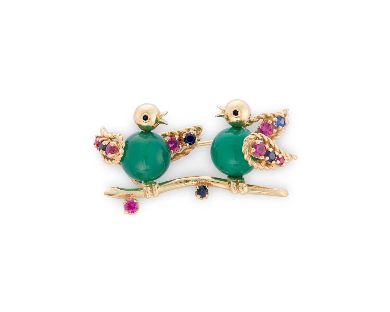 14K Gold, Chrysoprase, and Gemset Bird Brooch
