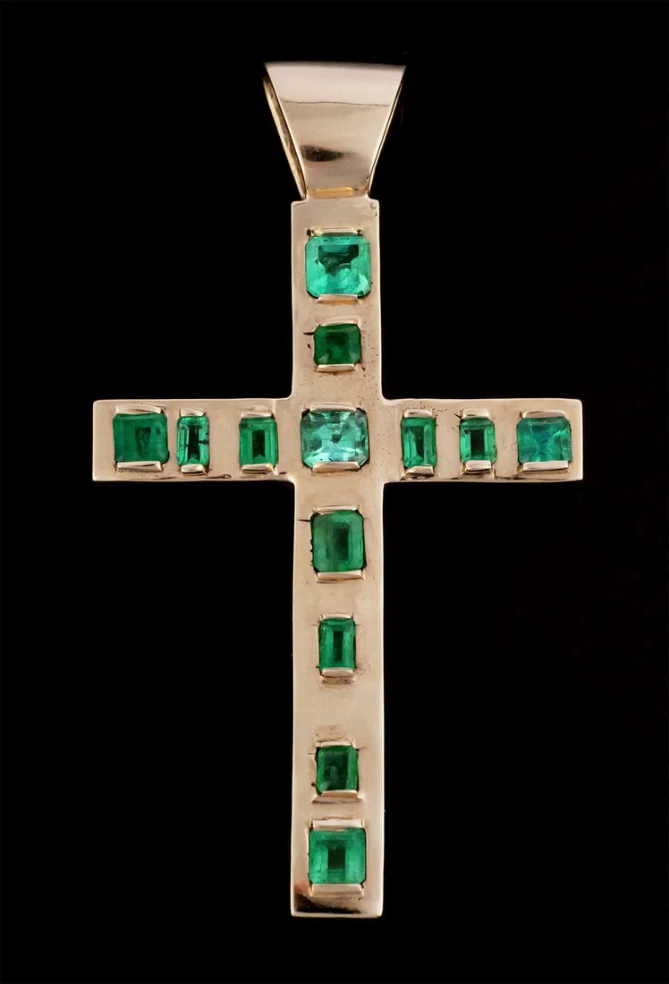 14K Gold Cross Pendant, 8.8 cts Emeralds