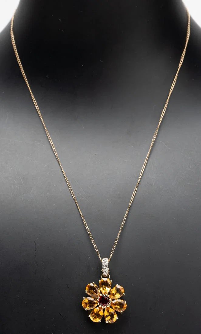 14K Gold Diamond Garnet & Citrine Flower Pendant Necklace