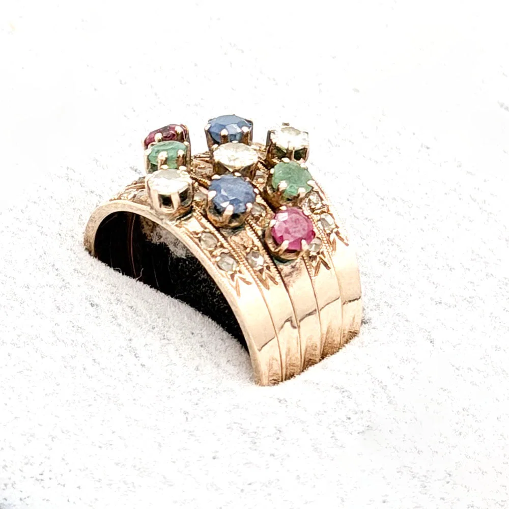 14K Gold Diamond Sapphire Ruby and Emerald Stacking Rings
