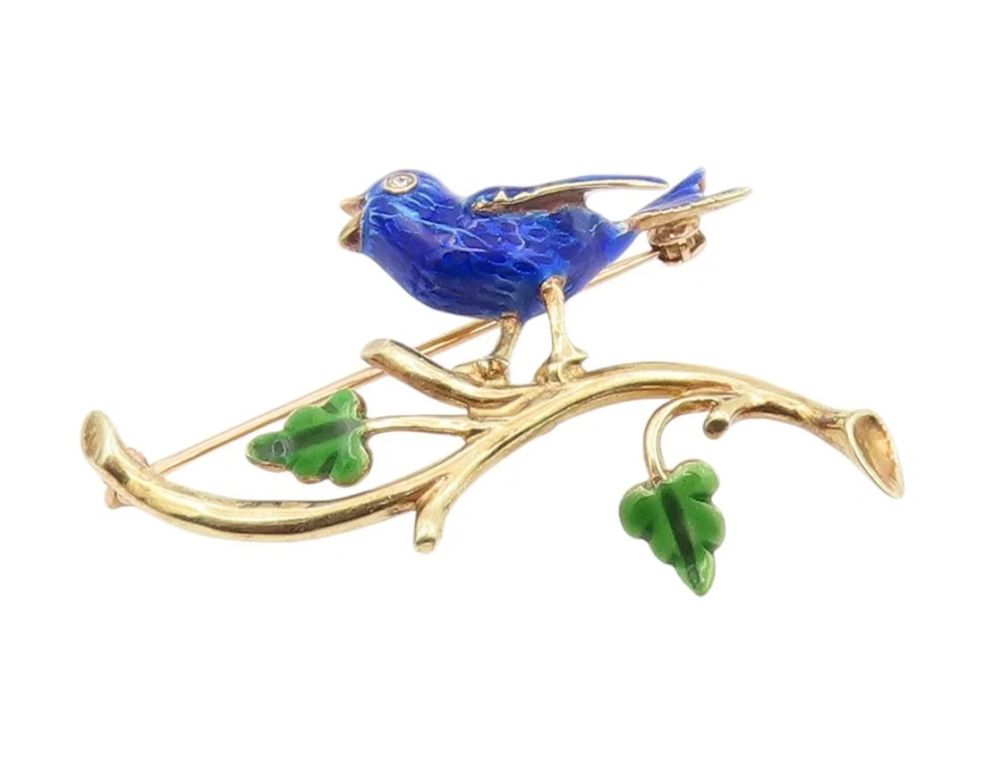 14K GOLD VINTAGE BROOCH GENUINE DIAMOND EYED ENAMELED BLUEBIRD ON BRANCH GB248