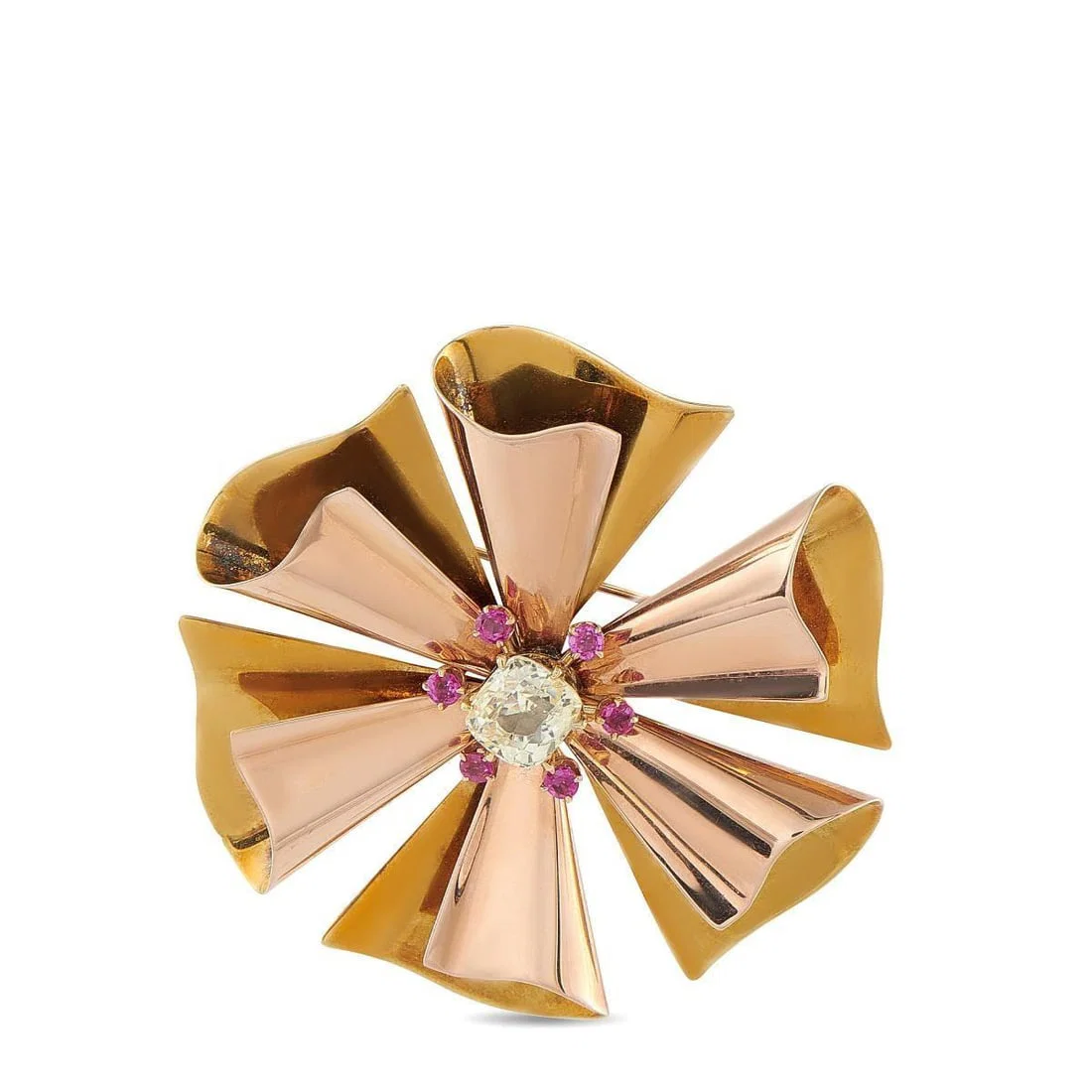 14K ROSE AND YELLOW GOLD 3.0CT YELLOW SAPPHIRE AND RUBY BROOCH