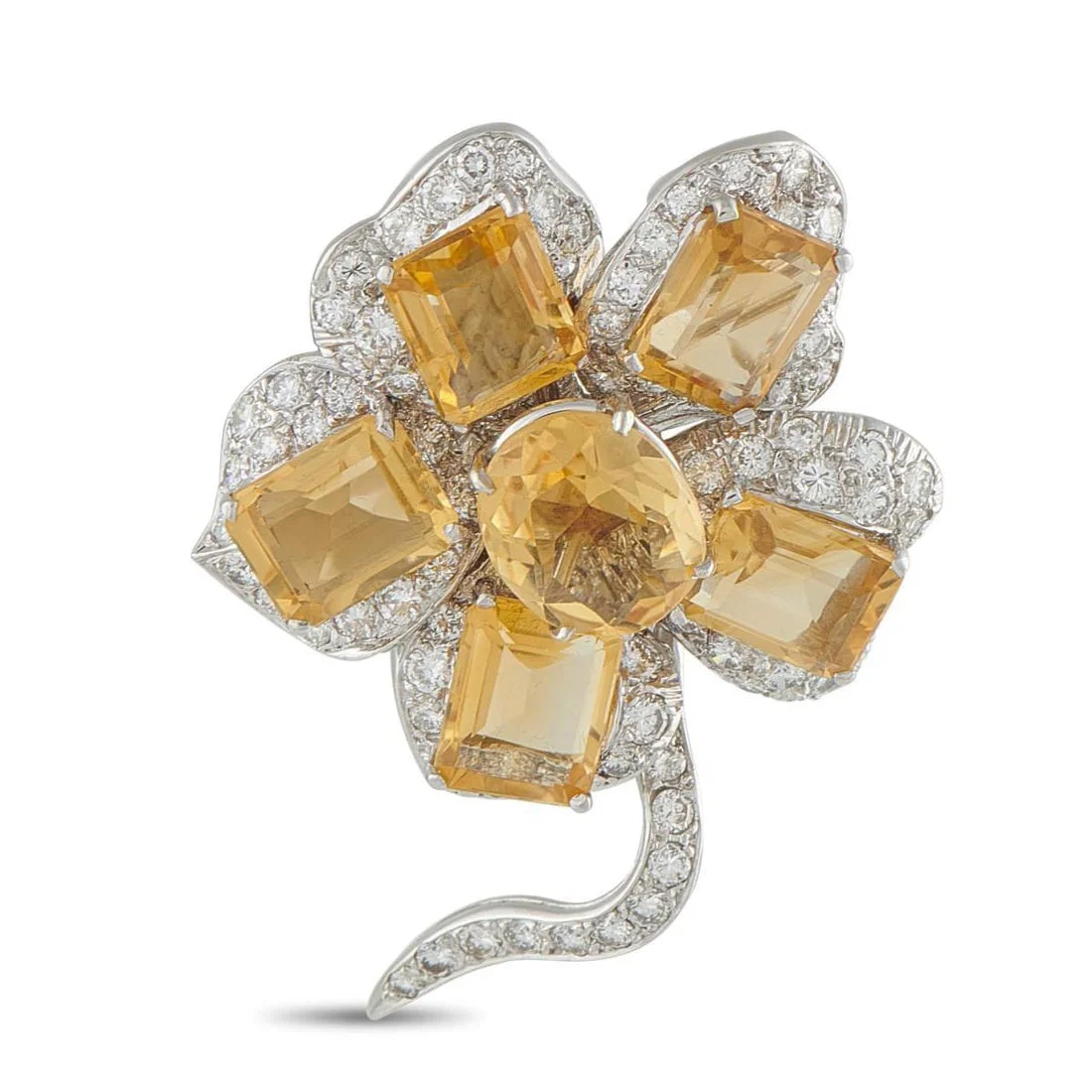 14K WHITE GOLD 2.0CT DIAMOND AND CITRINE BROOCH