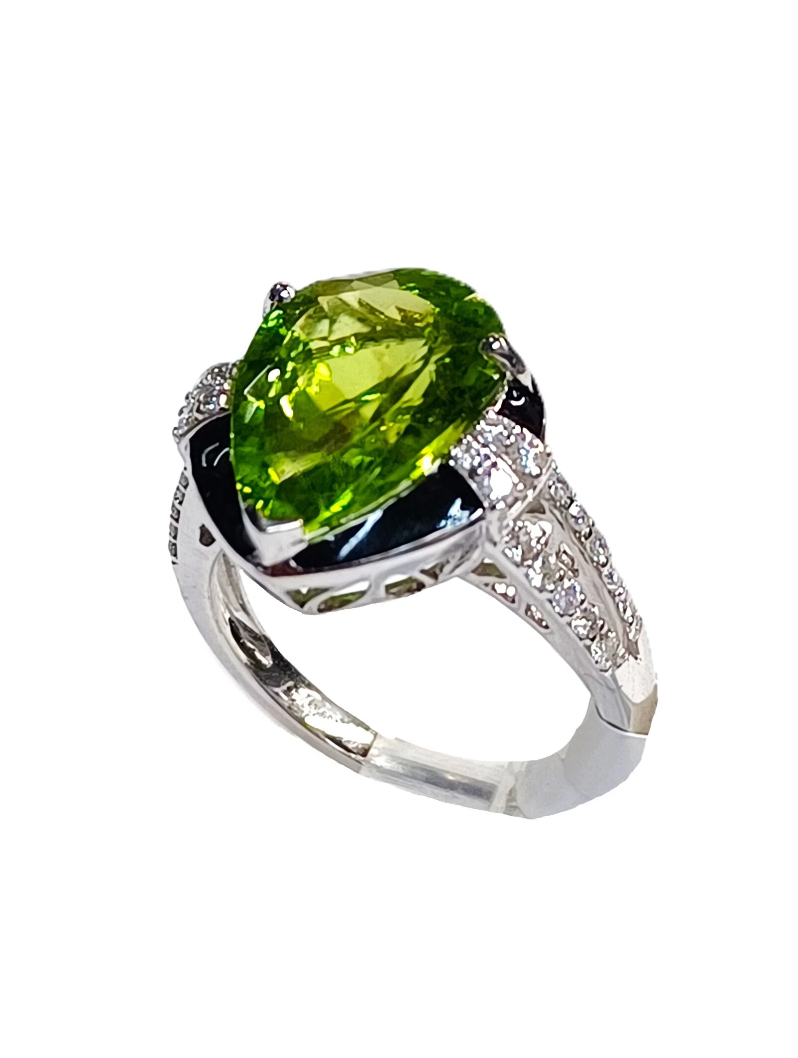 14K White Gold 5.10ctw Pear Peridot Black Enamel Fine Diamond Ladies Ring Size 6.75