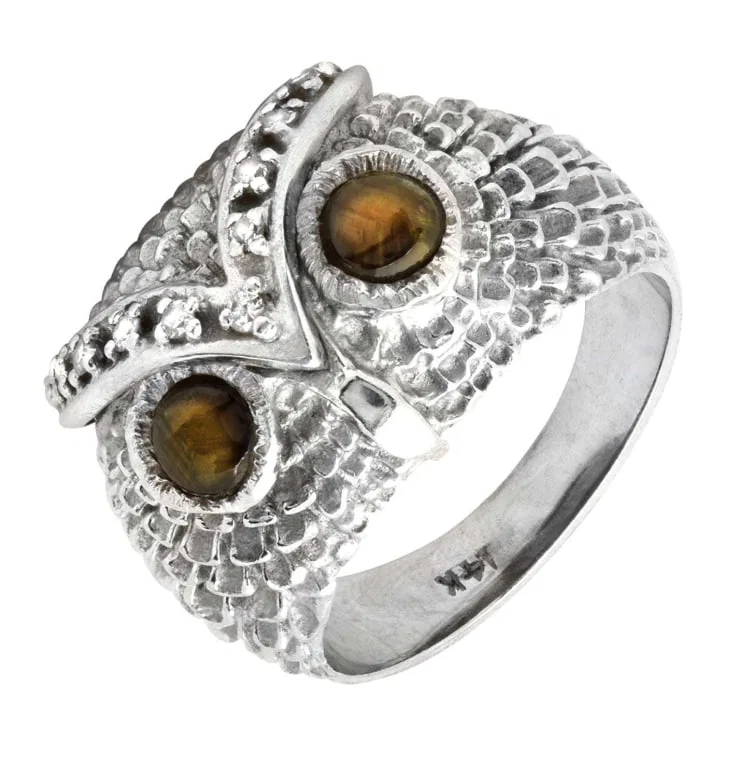14k White Gold Cat's Eye Owl Ring
