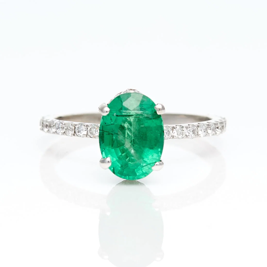 14k White Gold Emerald & Diamond Ring Sz 4.5