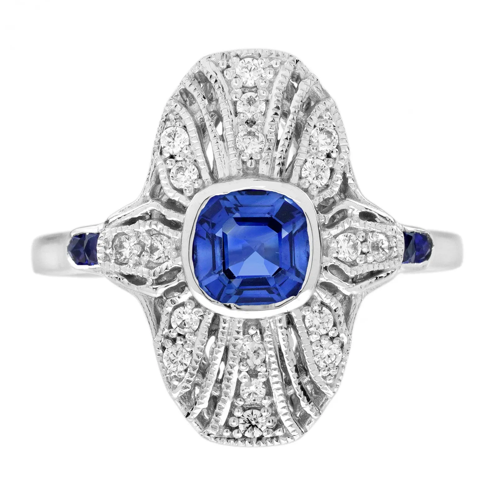 14K White Gold Natural Sapphire and Diamond Art Deco Style Plaque Ring