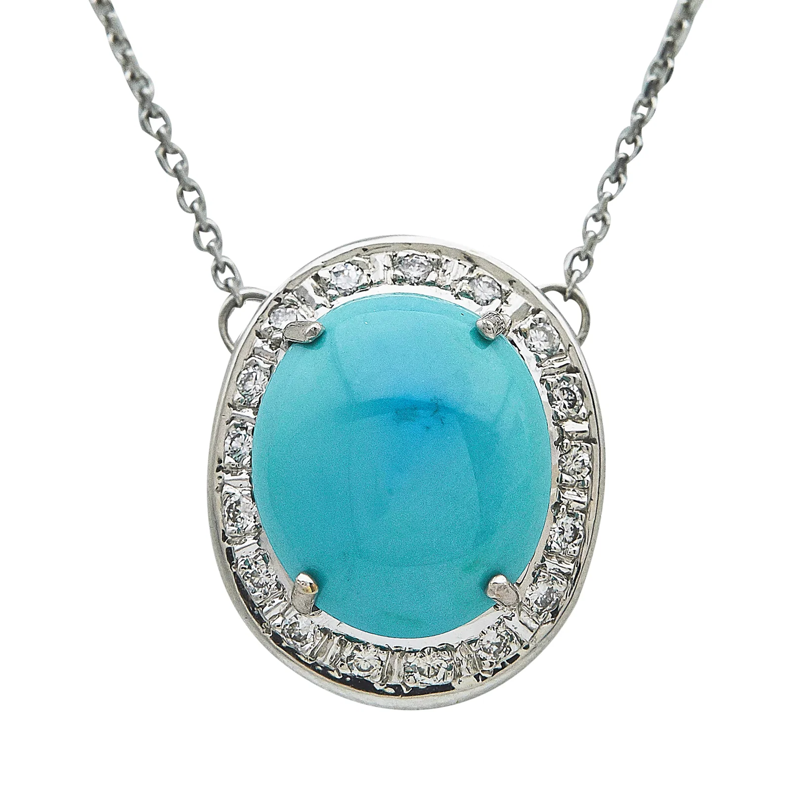 14K White Gold Turquoise and Diamond Pendant Necklace