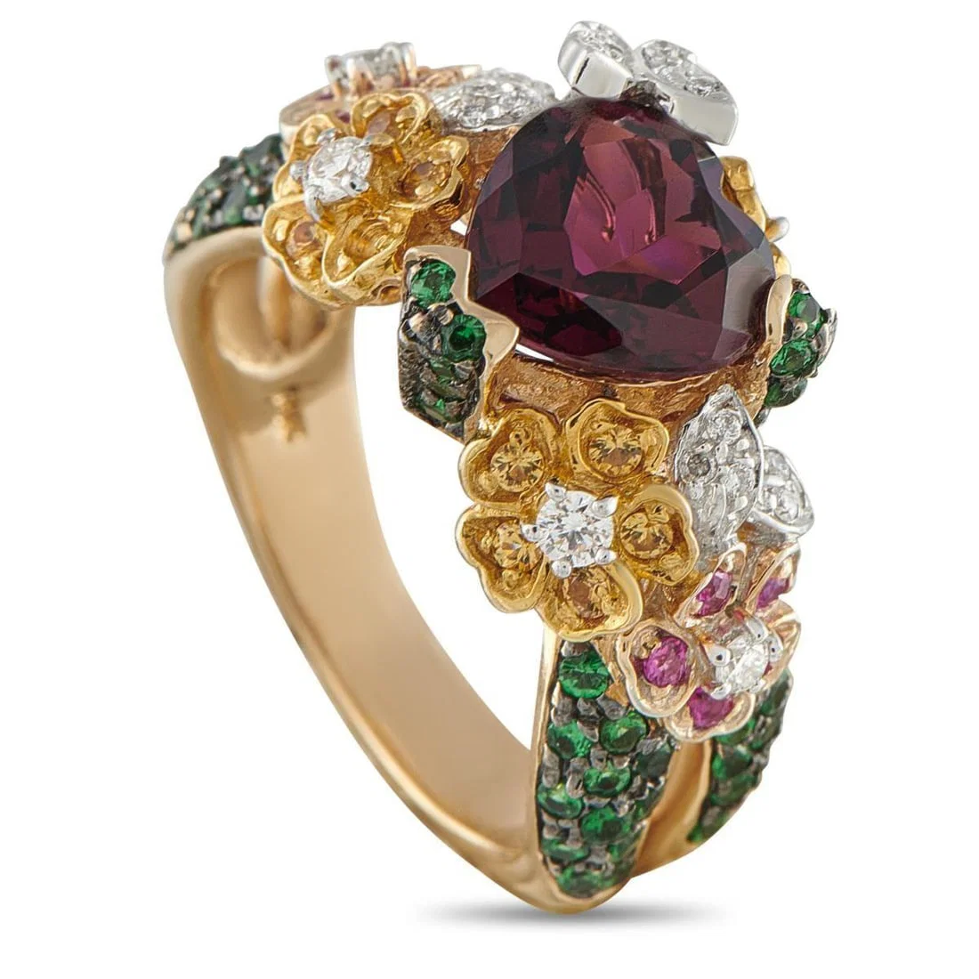 14K YELLOW GOLD DIAMOND, SAPPHIRE, AND RUBELLITE RING