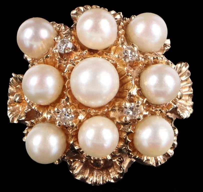 14K YELLOW GOLD NATURAL DIAMOND PEARL LADIES RING