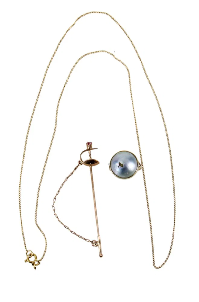 14k Yellow Gold Sword Pin, Mabe Pearl Ring, Chain