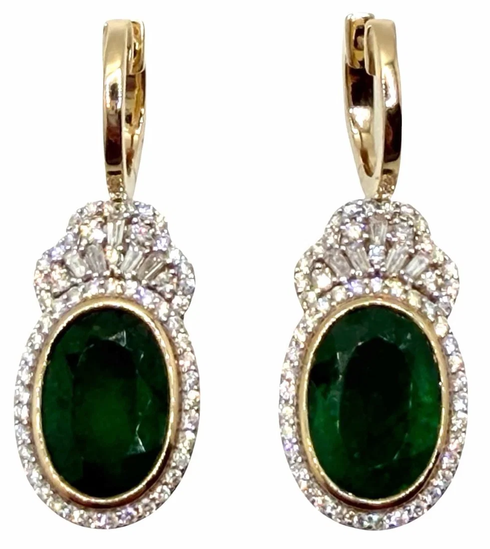14K Yellow Gold Two-Tone 11.47ctw Natural Emerald Beryl and Diamond Earrings