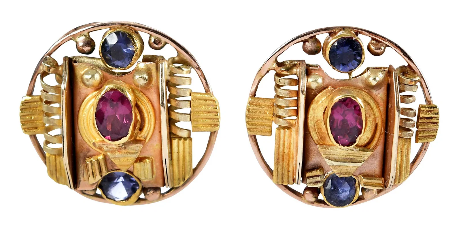 14kt. Textured Tanzanite and Tourmaline Disc Earrings