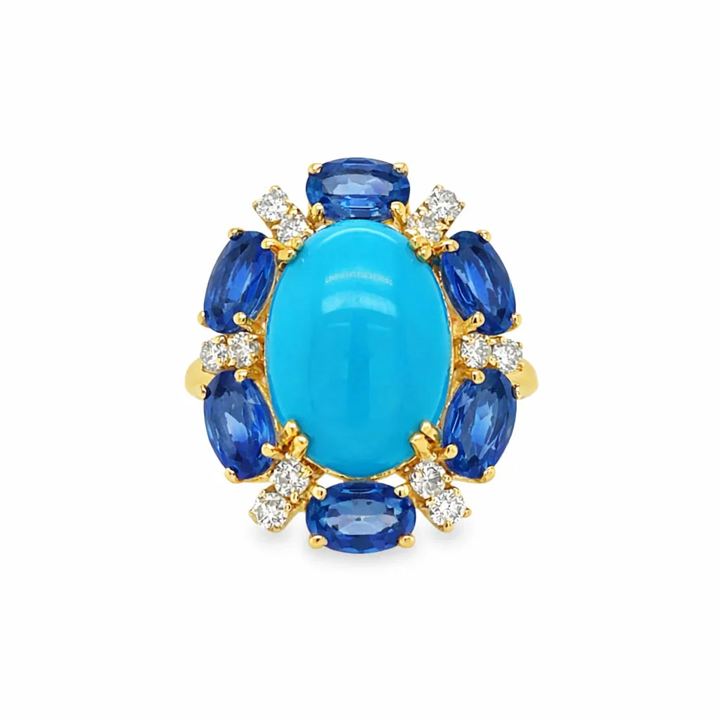 14KT YELLOW GOLD BLUE SAPPHIRE, TURQUOISE AND DIAMOND RING
