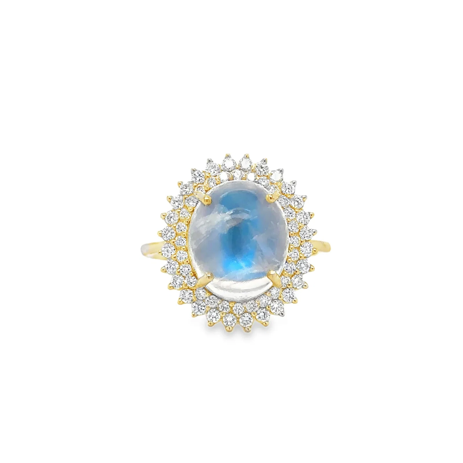 14KT YELLOW GOLD RAINBOW MOONSTONE AND DIAMONDS RING (Copy)