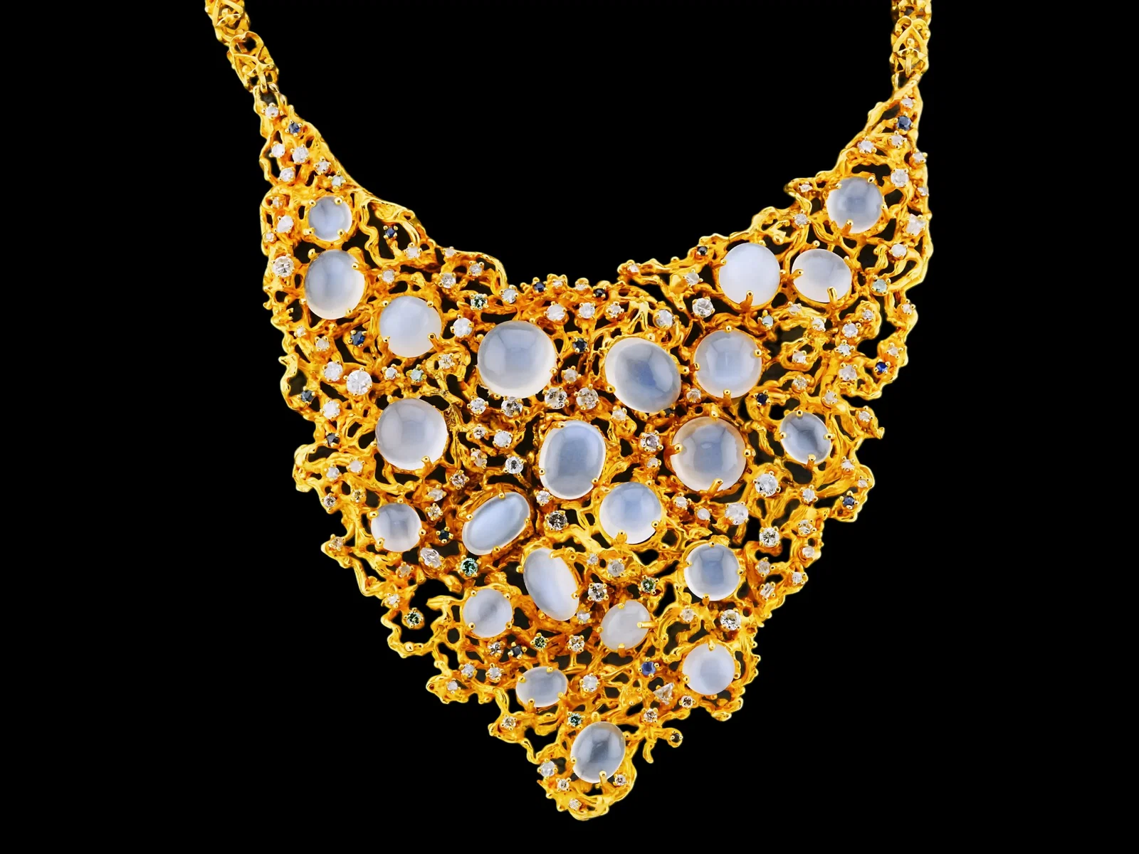 151ctw Moonstone, 8.25ctw Diamond, Sapphire, 14K Necklace