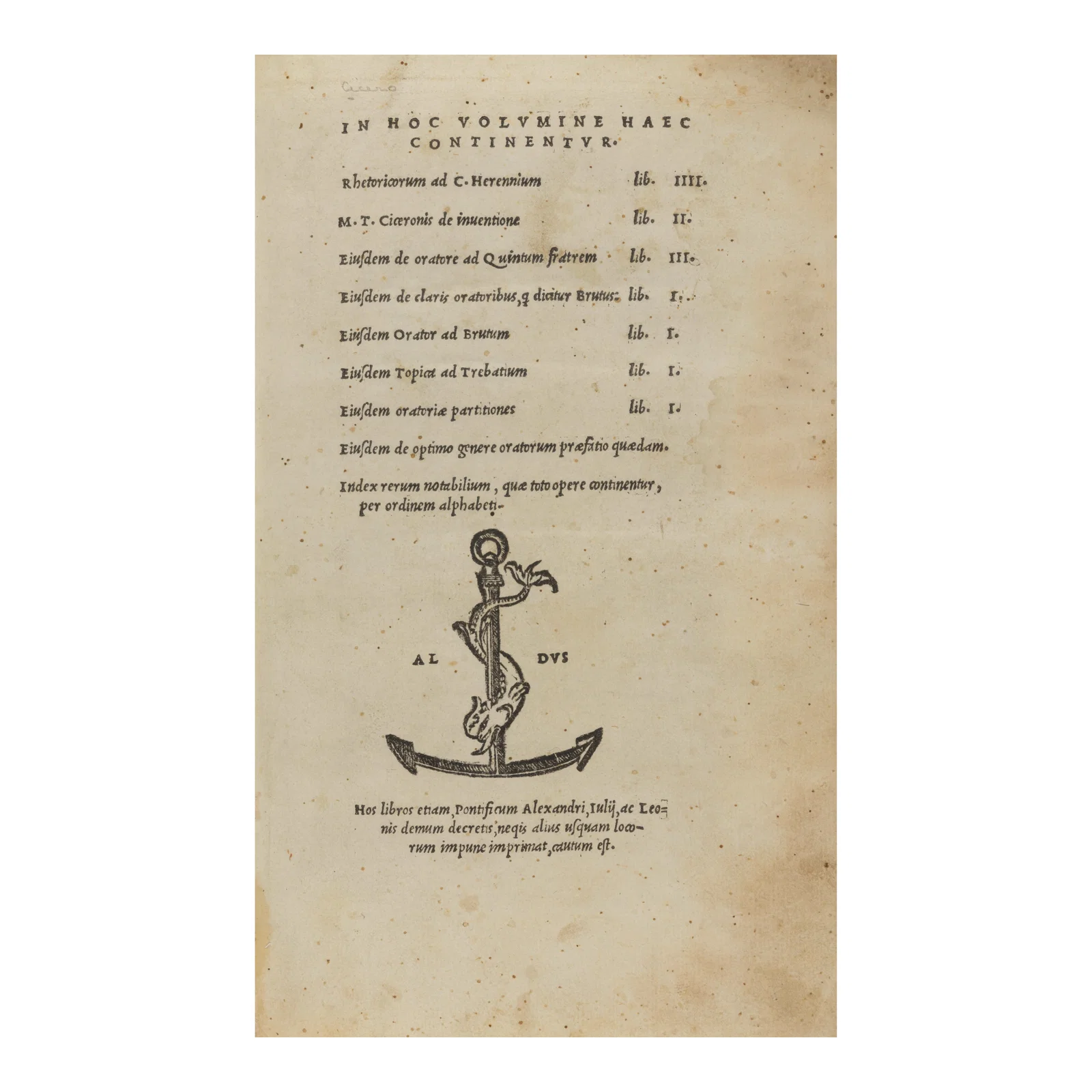 1521 ❧ ALDINE CICERO BOUND BY THE MENDOZA BINDER. CICERO, MARCUS TULIUS. 106-43 B.C. In ...