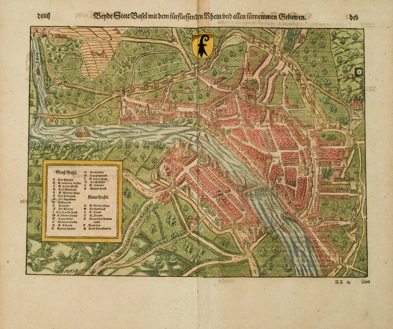 1598 Munster View of Basel -- Bende Stett Basel mit dem Furfliessenden Rhein und Allen Furnemen