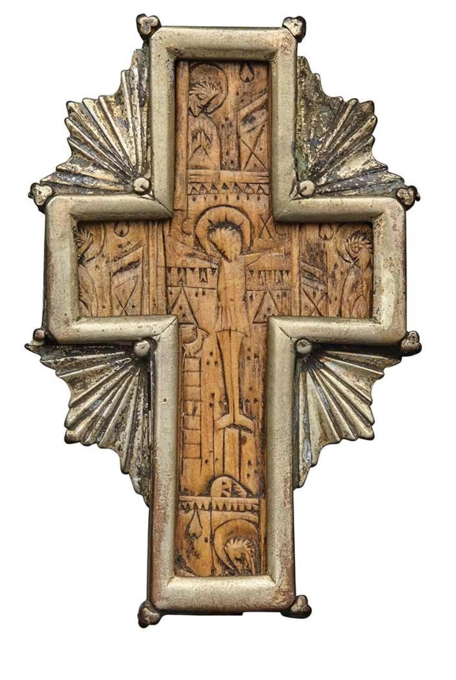 15th-16th C. Eastern Orthodox Carved Wooden Cross in Silvered Metal Mount