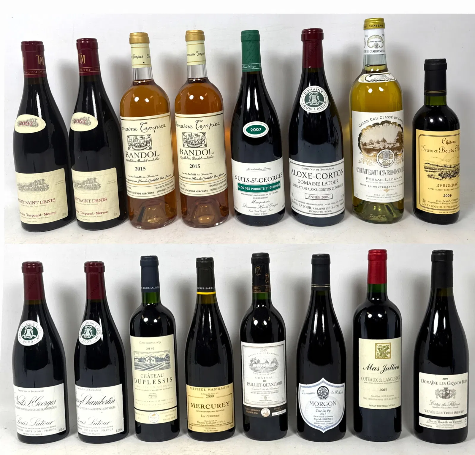 16 bottles of assorted French wines from various regions including Burgundy, Bordeaux, the Rhone Val
