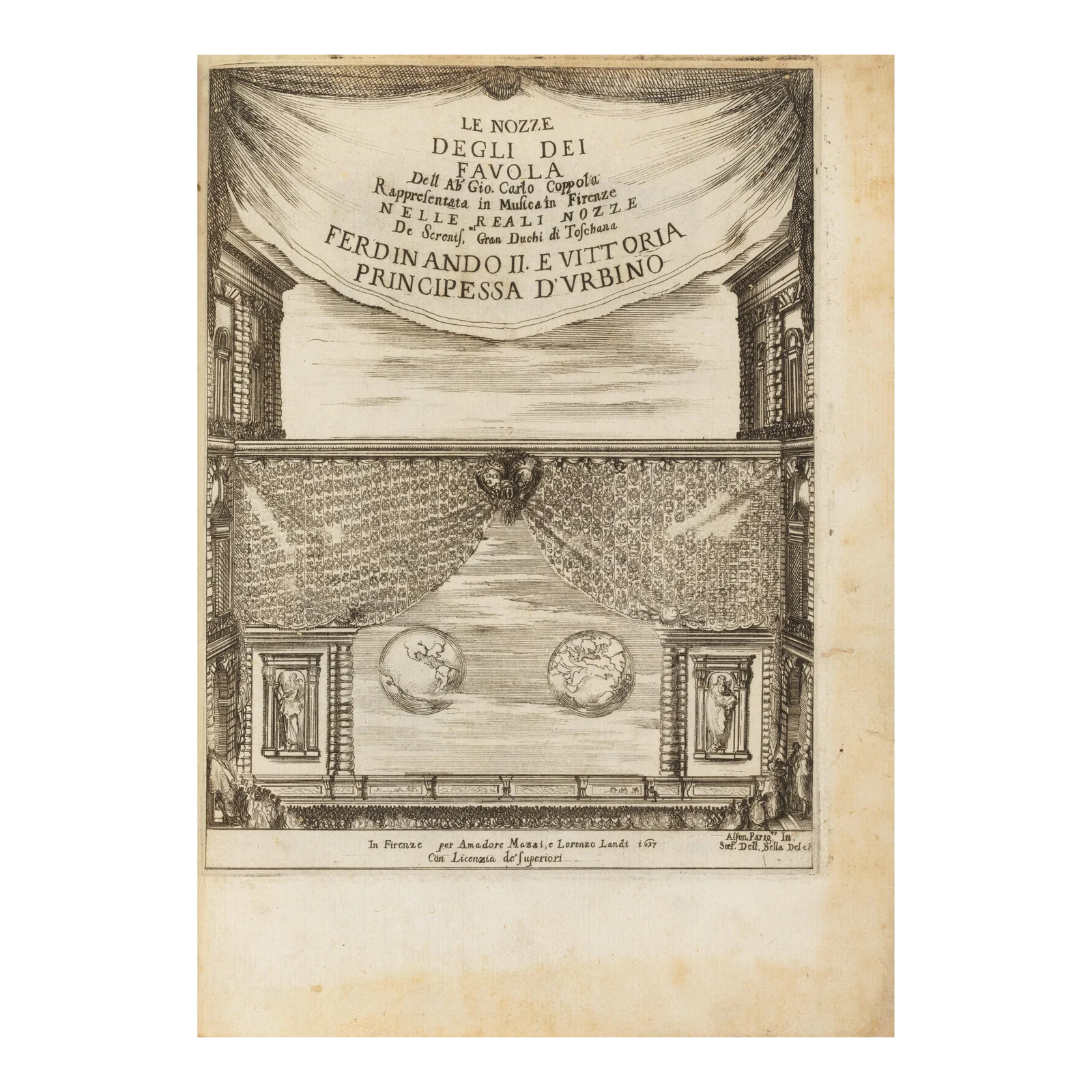 1637 ❧ FANTASTIC STAGE DESIGNS FOR AN OPERA, PLATES BY STEFANO DELLA BELLA. COPPOLA, GIOV...