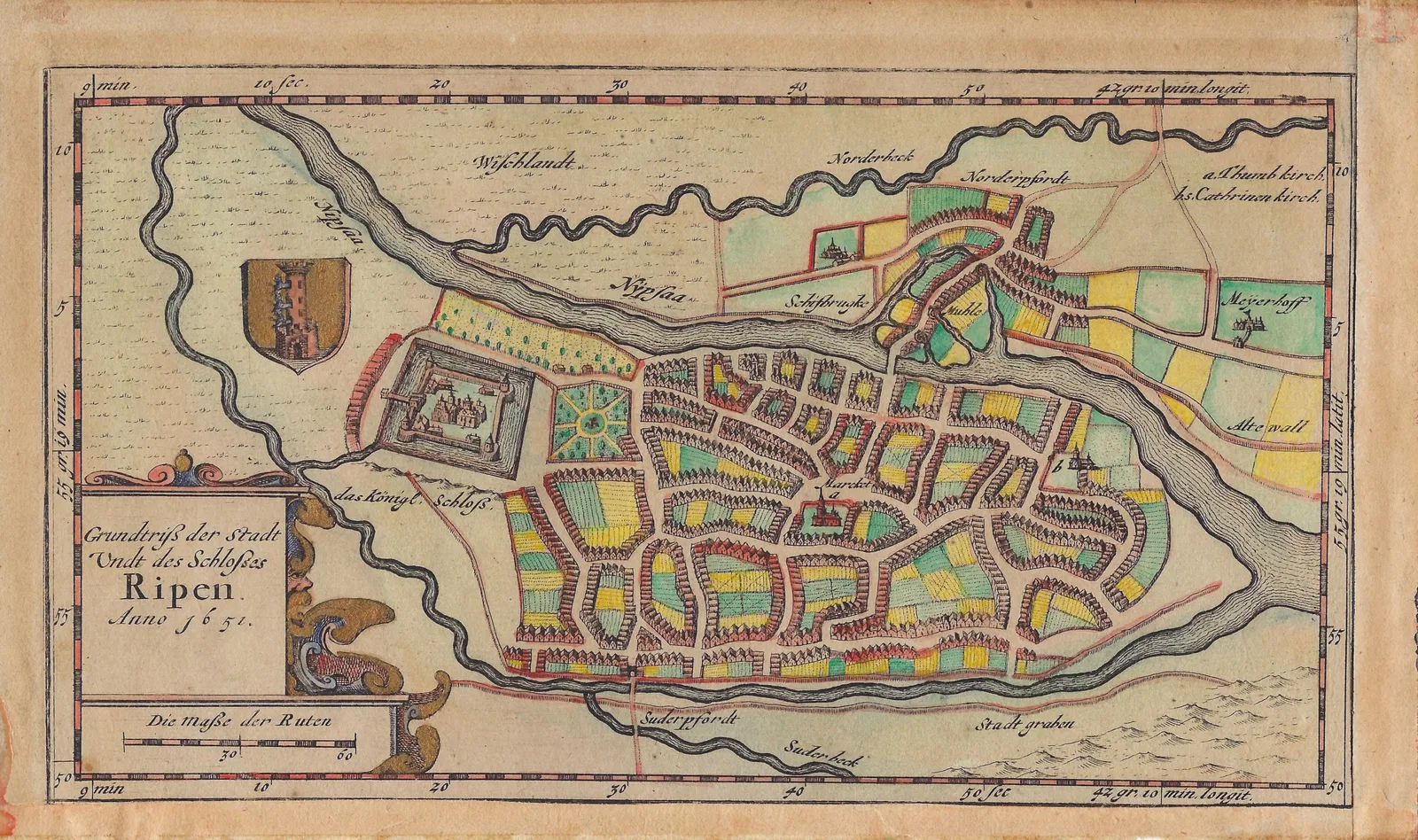 1651 Mejer Map of Ribe, Denmark -- Grundtriss der Stadt undt des Schlosses Ripen Anno 1651.