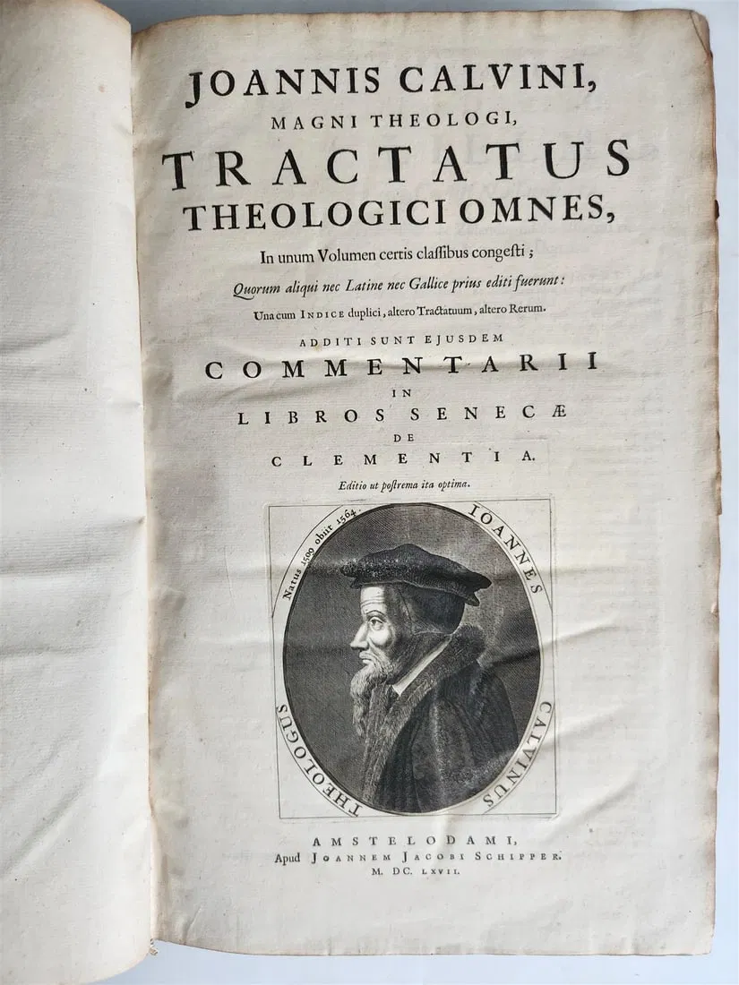 1667 JOHN CALVIN THEOLOGY & SENECA COMMENTARIES antique VELLUM BOUND FOLIO