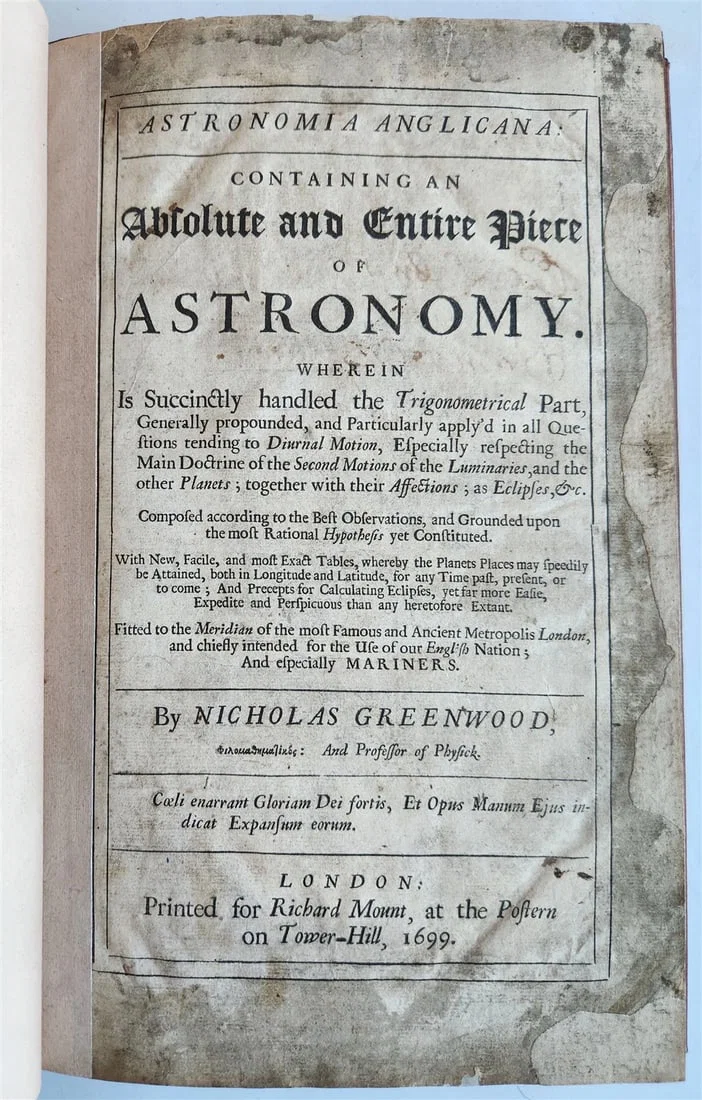 1699 ASTRONOMIA ANGLICANA in ENGLISH by N. Greenwood antique ILLUSTRATED scarce