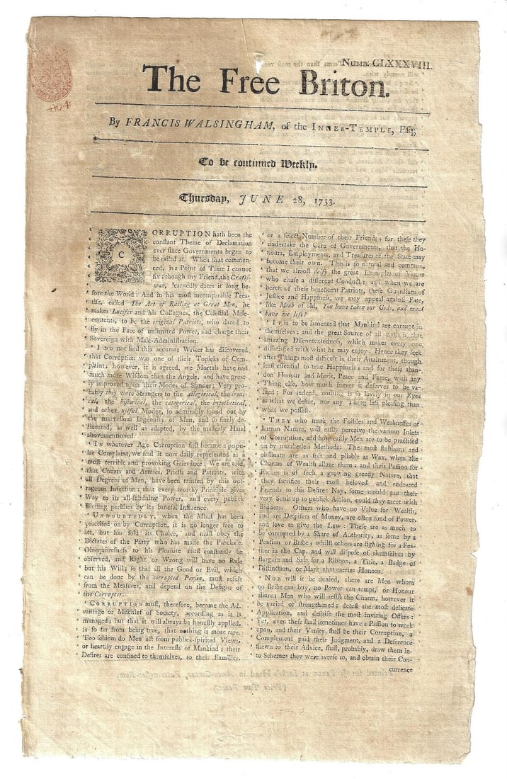 1733 The Free Briton Newspaper