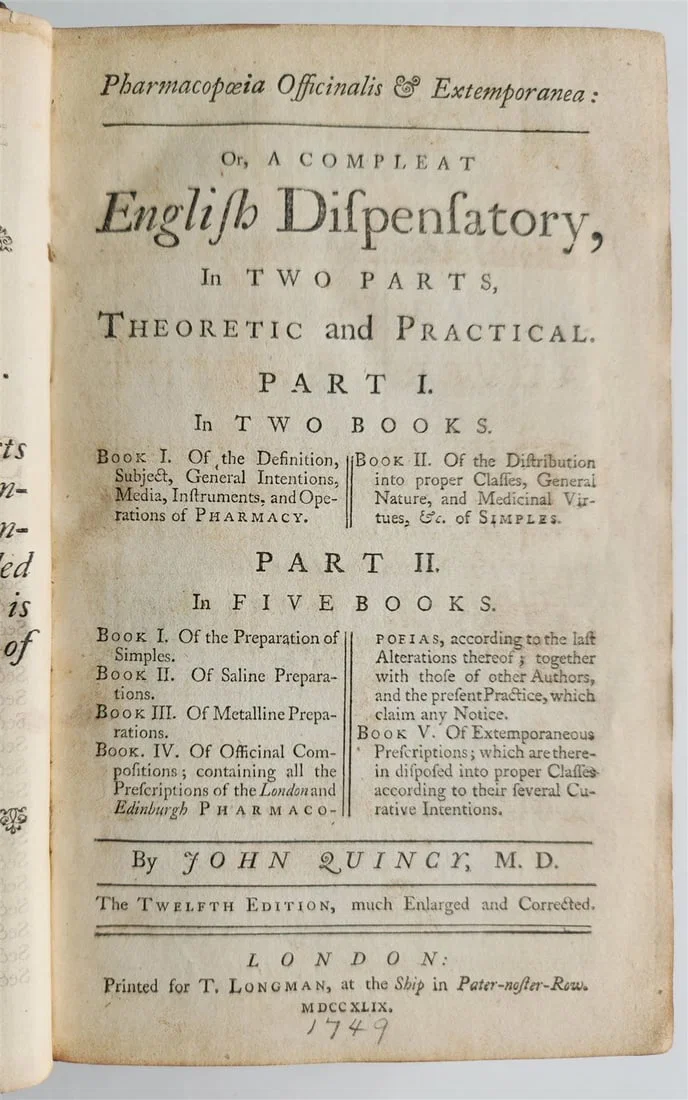 1749 Pharmacopoeia Complete English Dispensatory ANTIQUE by John Quincy