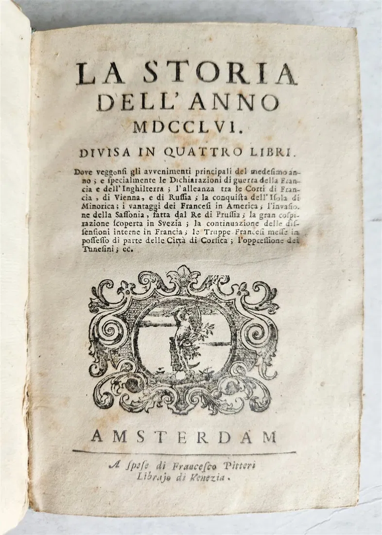 1757 HISTORY of YEAR 1756 in ITALIAN antique VELLUM BINDING