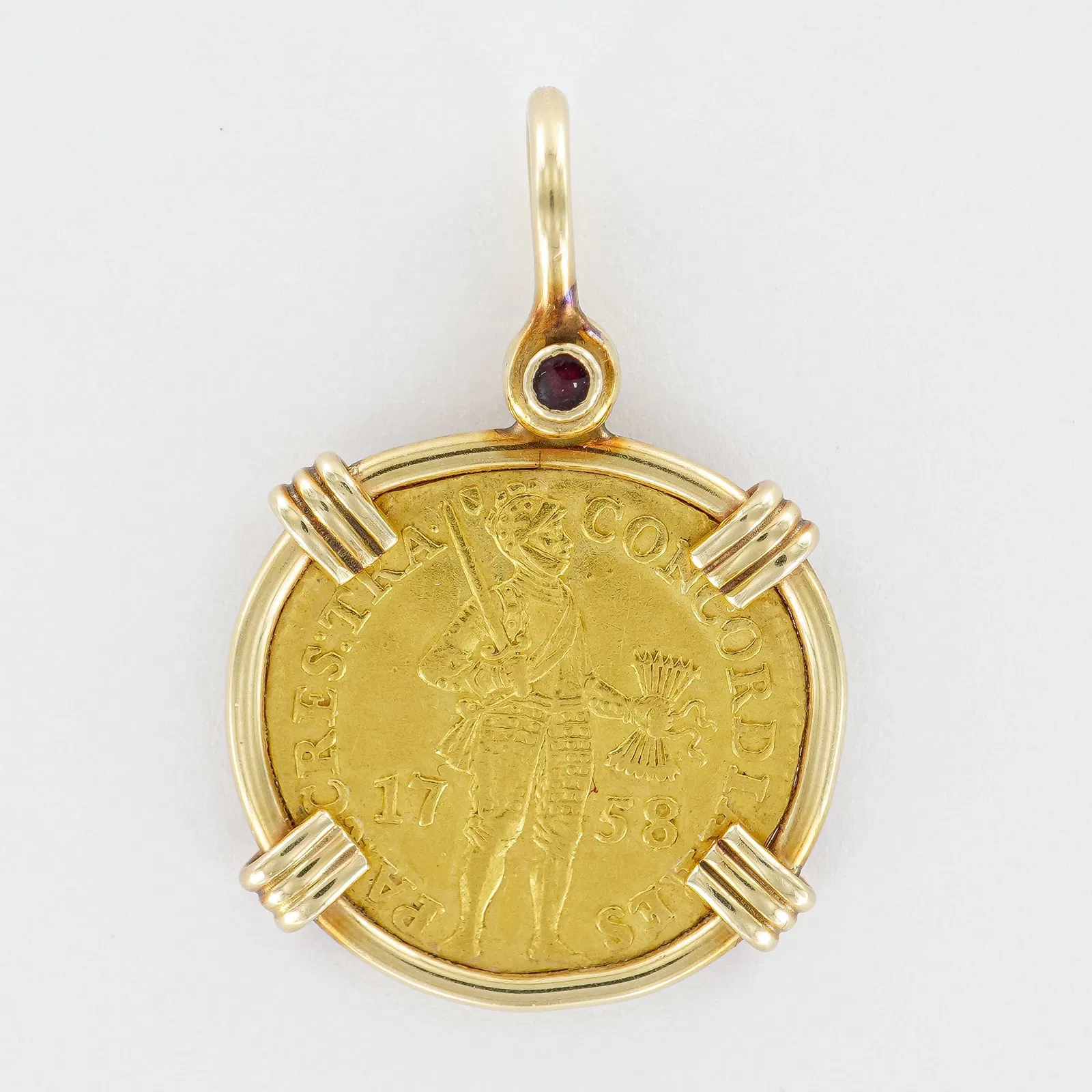 1758 Dutch Gold Ducat Pendant in 14K Bezel with Ruby Gemstone Accent