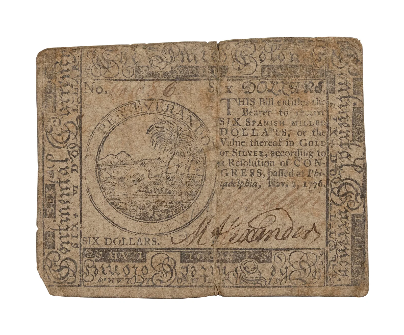 1776 CONTINENTAL CURRENCY SIX-DOLLAR NOTE 3" x 3.75".