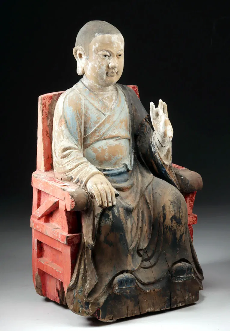 17th C. Chinese Seated Lohan, Glass Eyes & Shunya Mudra