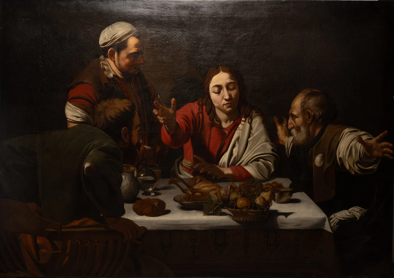 17th C " The Supper at Emmaus" Old Master Oil on Canvas After Caravaggio 6.4Ft x 4.5Ft