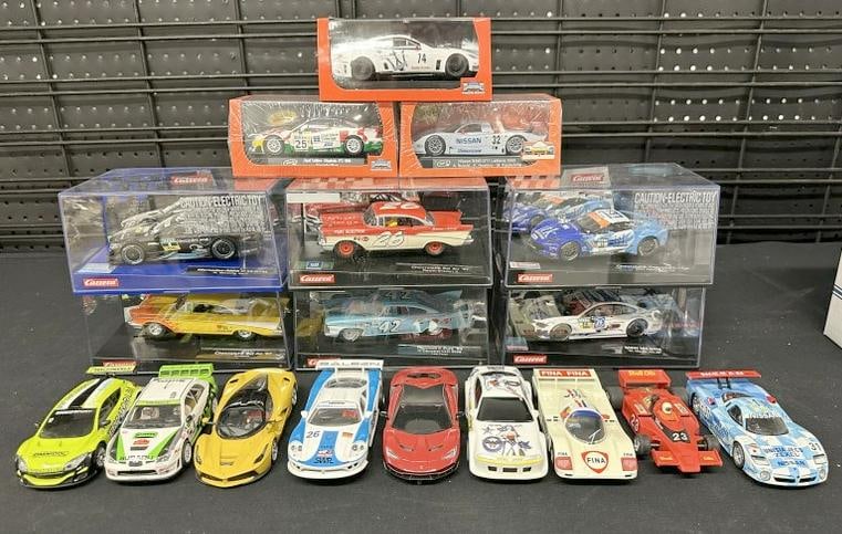 (18) 1/32 scale slot cars, (9) in original packaging, (9) not in original packaging, but in fine