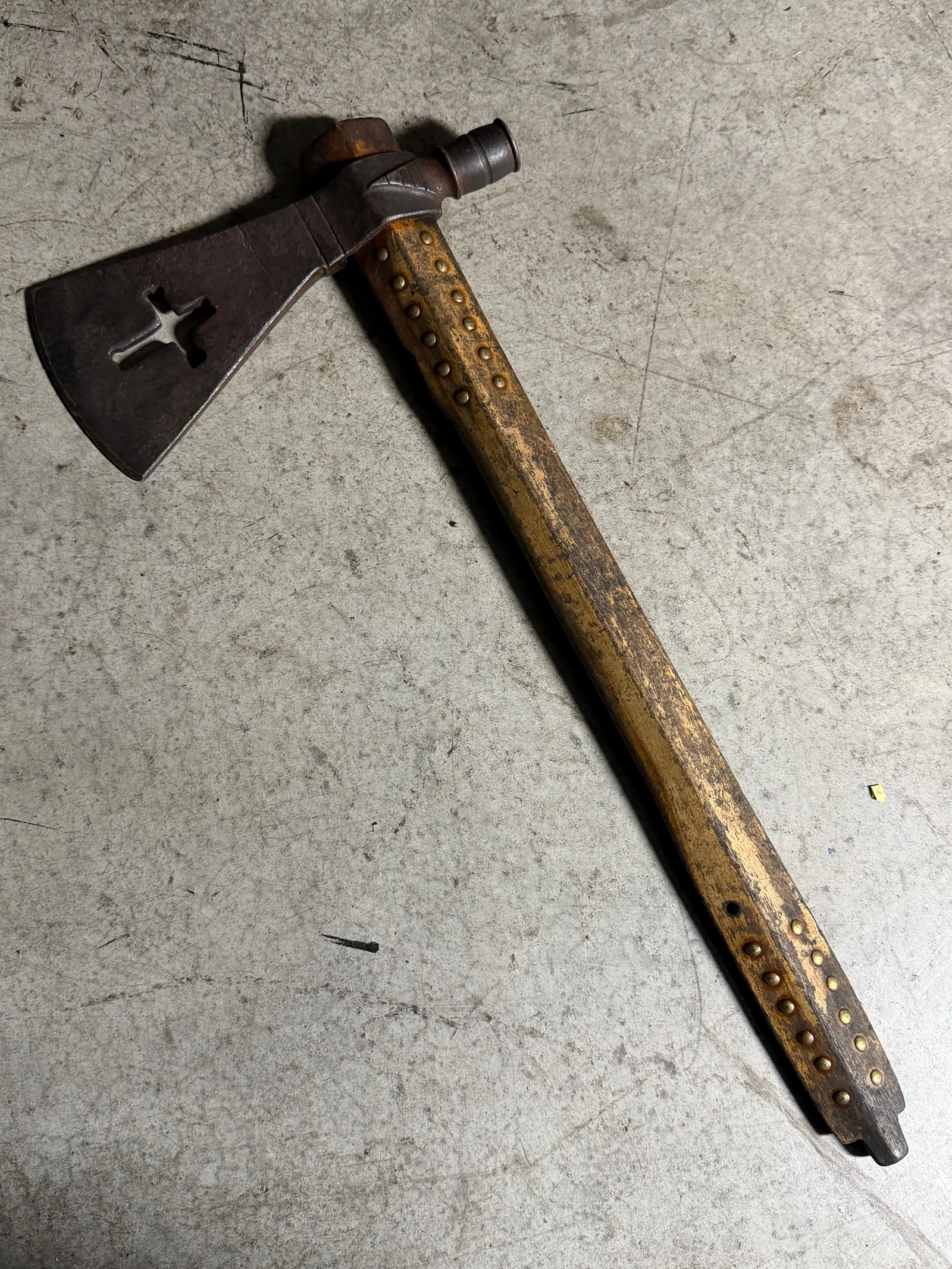 1800's Native American Plains Indians Decorated Pipe Tomahawk with Pierced Blade, 19th Century