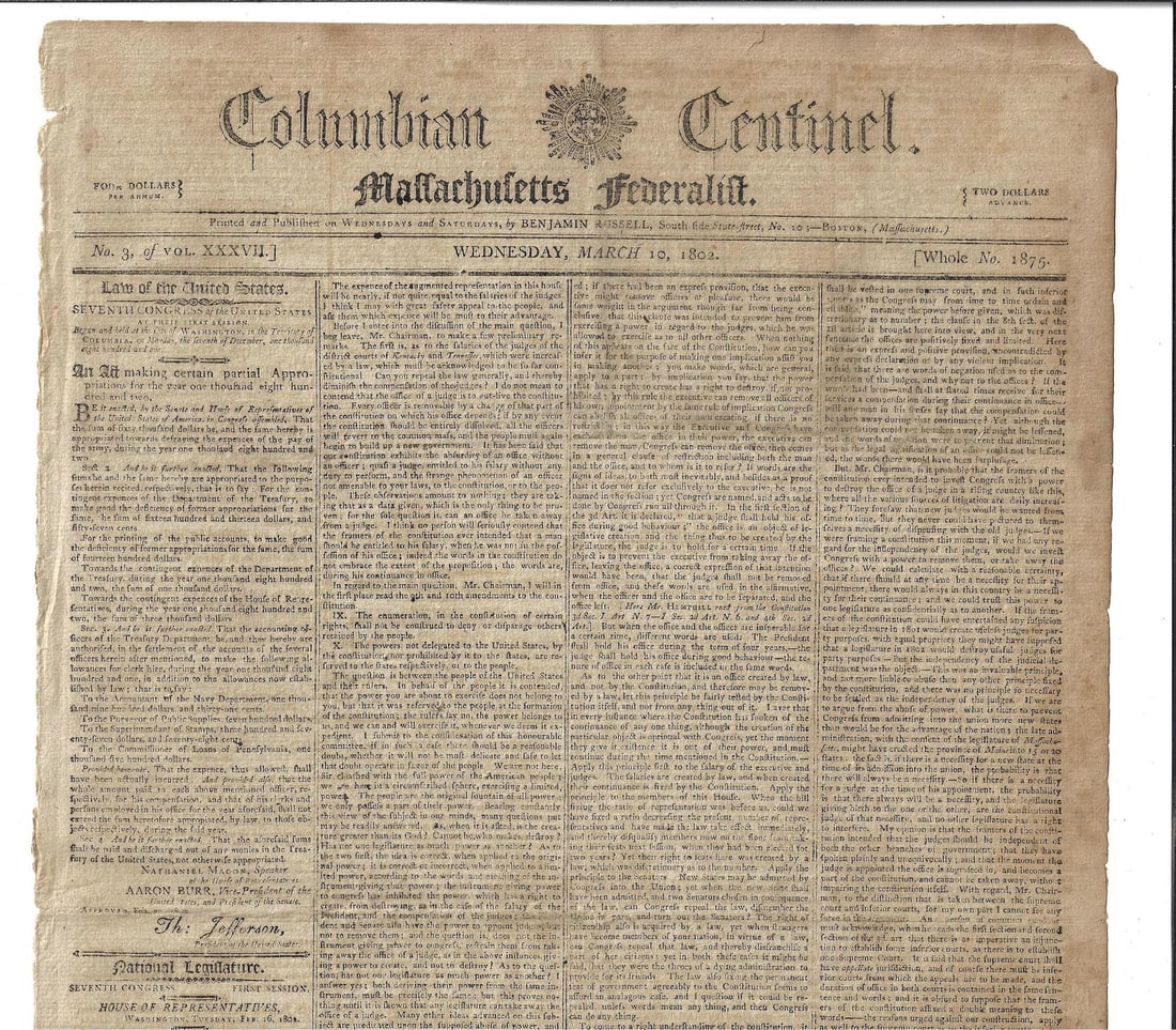 1802 Federalist Newspaper Thomas Jefferson Judiciary