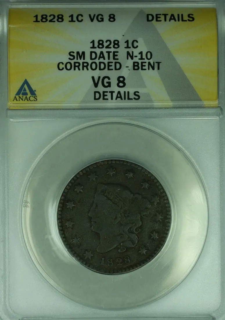 1828 Small Date Coronet Head Large Cent ANACS VG-8 Details Corroded Bent