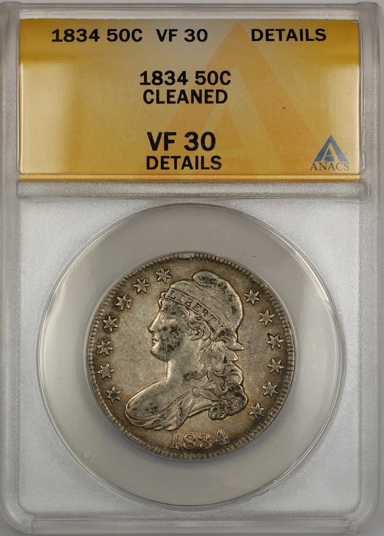 1834 Silver Capped Bust Half Dollar ANACS VF-30 Details Cleaned