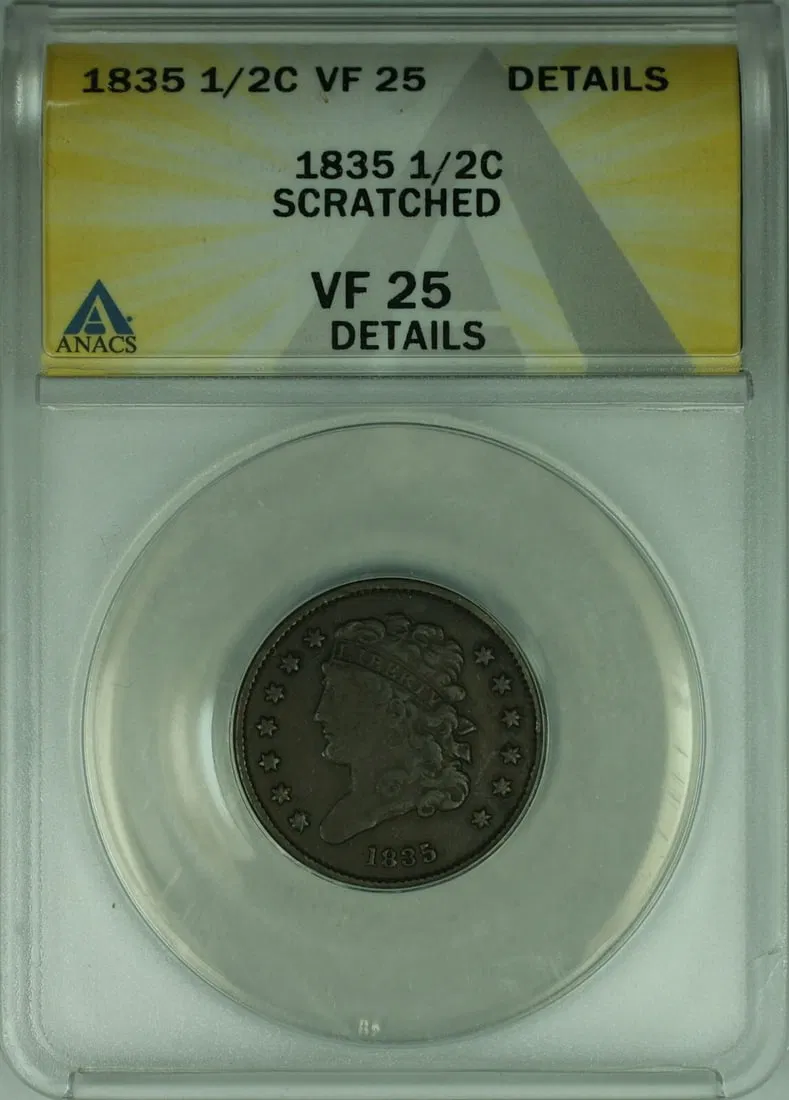1835 Classic Head Half Cent Copper Coin ANACS VF-25 With Scratches