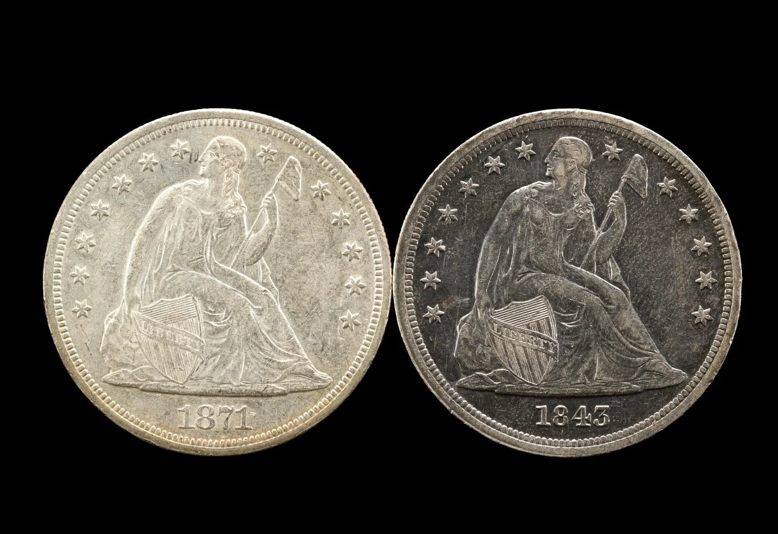 1843 and 1871 Seated Dollars