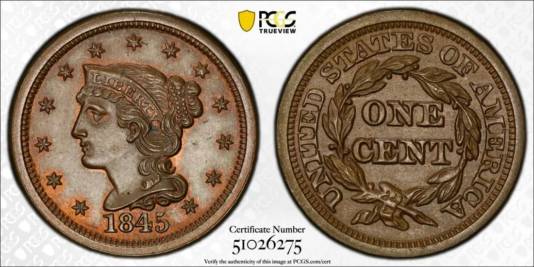 1845 Braided Hair Cent PCGS MS65BN