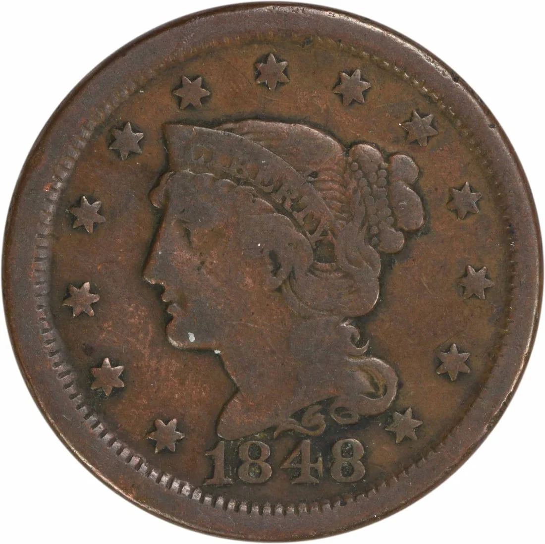 1848 Philadelphia Large Cent VF Copper Braided Hair Coin